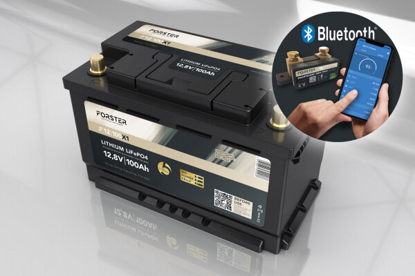 Forster 12,8V Lithium 100Ah LiFePO4 Premium Batterie | 200A-BMS-2.0 | 500ABluetooth Mess-Shunt | Ducato Ford PSA VWT6 TGE | 1280Wh | IP67
