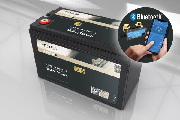 Forster 12,8V Lithium 180Ah LiFePO4 Premium Batterie | 200A-BMS-2.0 | 500A Bluetooth Mess-Shunt | 304Wh | IP67